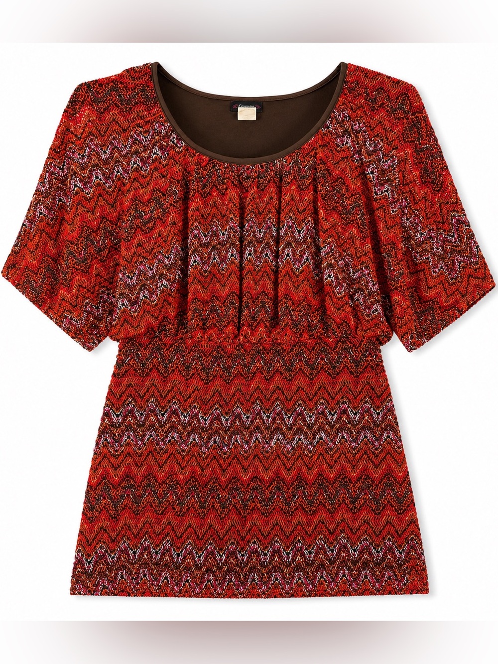 Cocomo Open Knit Chevron Blouson Tunic Top Orange Pink Brown S